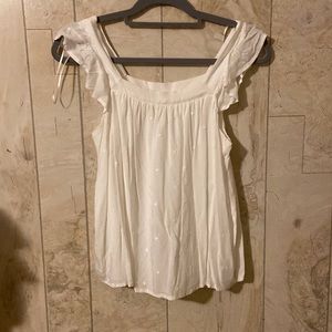 White blouse from Francesca’s. Size small. Ruffle and polkadot detailing.